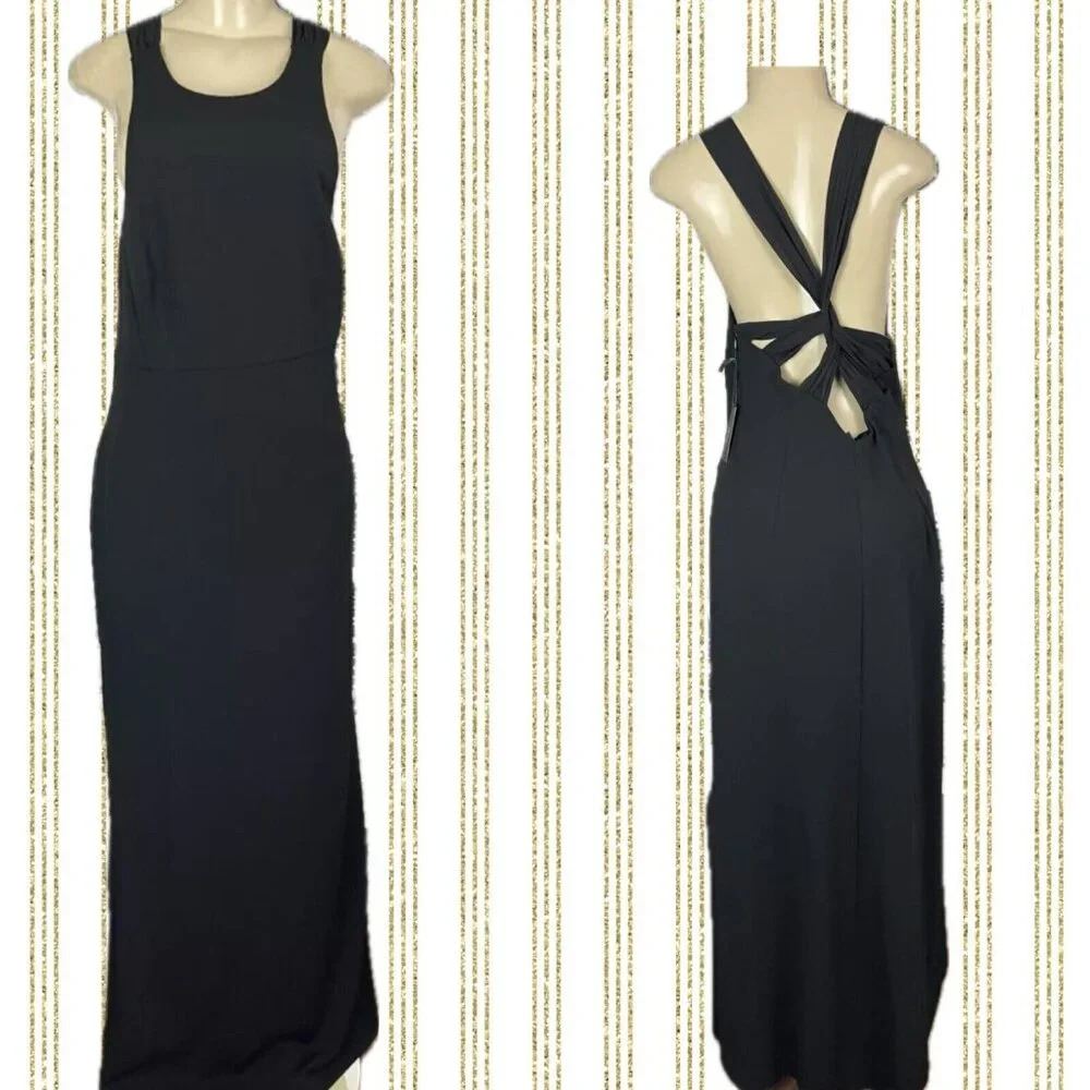 Vera Wang 12 Black Lined Crepe Open Strap Back Scoop Neck Zip Full Length Dress‎